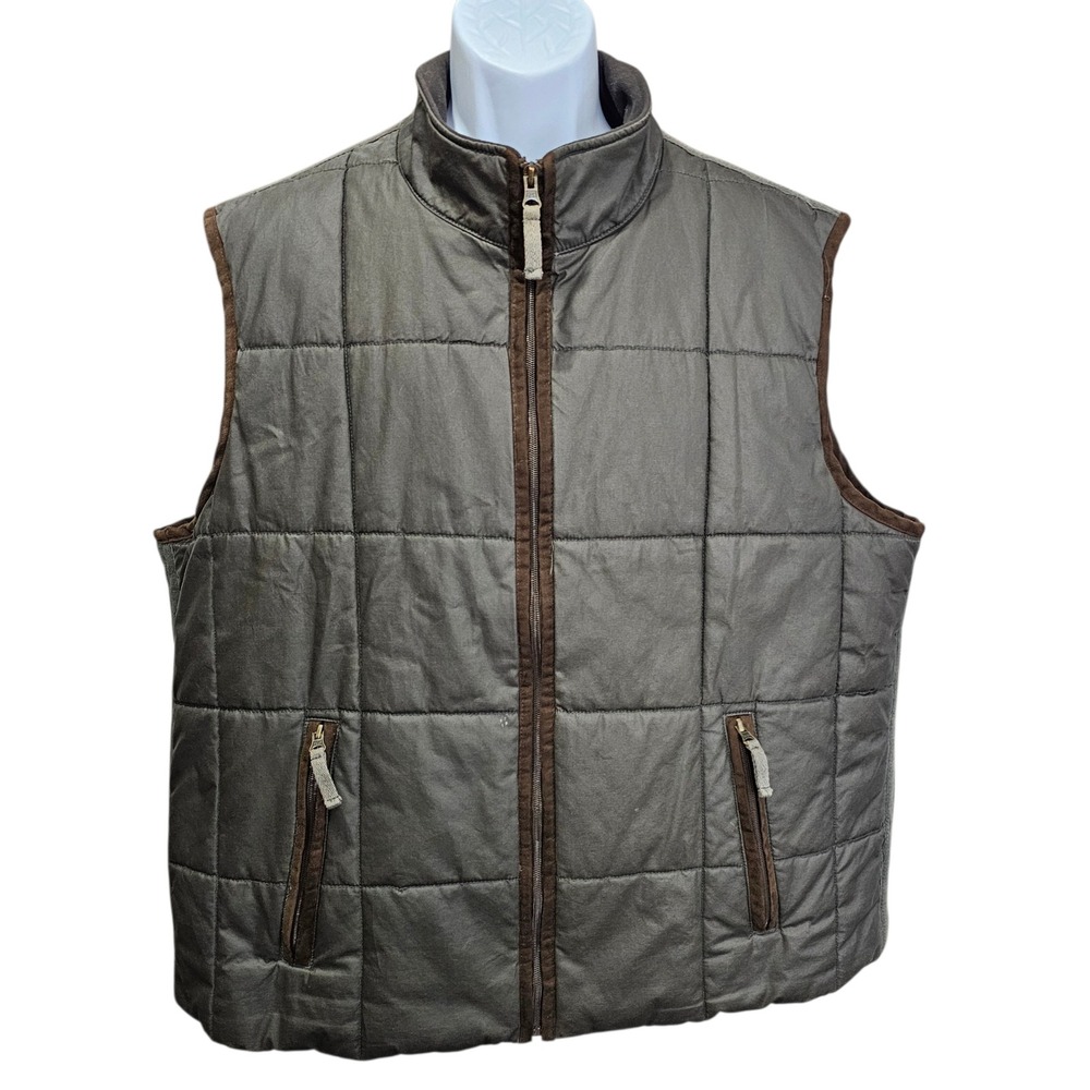 Johnston & Murphy Mens XXL Quilted Vest Olive Green Plaid Flannel Lined Full Zip